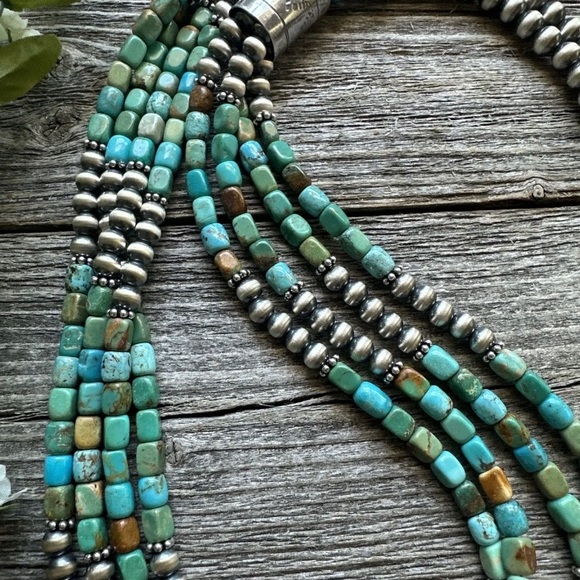 Pink/blue Double Strand Necklace – 13” Beaded – Sterling Silver Pearls & Rectangle Variscite main image 0